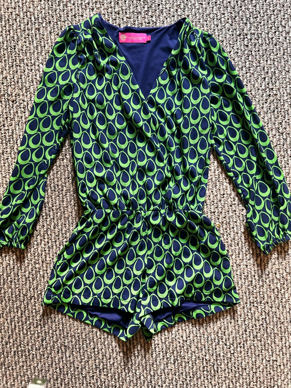 Macbeth Collection by Margaret Josephs Navy and Lime Green Geometric Romper